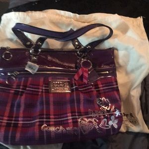 Coach Poppy Hearts Glam Tartan Plaid XL Tote.